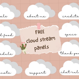 Op de afbeelding: Een roze en witte rasterachtergrond met een gescheurd stuk papier in het midden waarop "FREE cloud stream panels" staat. Rondom het papier bevinden zich negen witte wolkvormen met tekst op elke wolk: "goals", "about me", "credits", "send food", "schedule", "specs", "thank you", "donate", "support" en "chat rules".