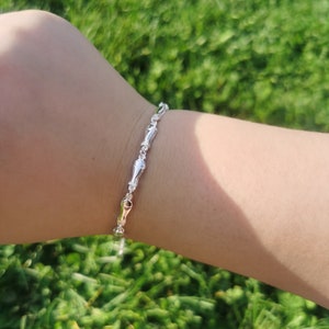 May include: A silver bracelet with a chain link design featuring small, cylindrical charms. The bracelet is worn on a person's wrist against a green grassy background.