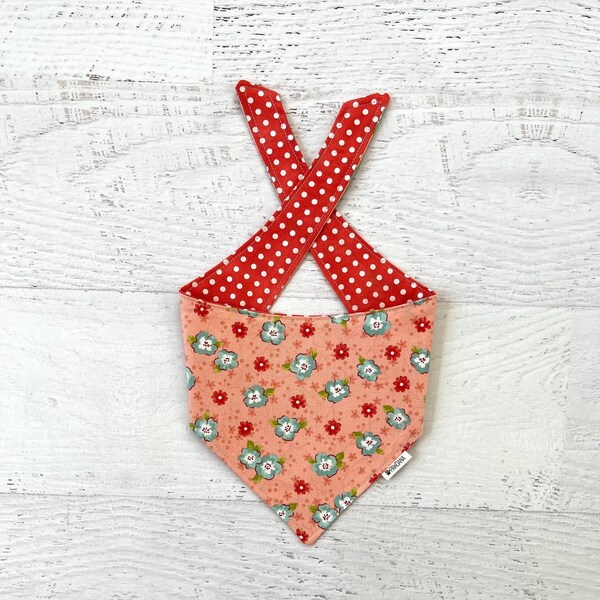 Flowers-Polka Dots-Orange-Teal Flowers-Spring Time-Pet-Bandana-Pet Gear-Dog-Cat-Cotton-Reversible-Customize