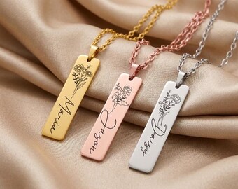 Custom Birthflower Name Necklace: Engraved Vertical Pendant, Birthflower Necklace, Christmas, Birthday Gift, Grandma Gift, Mother's Day.