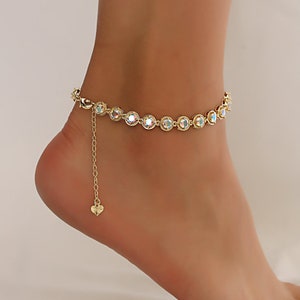 Adjustable Gold Plated Anklets, Anklet Bracelets, CZ Stones Round Shaped Anklets, Summer Anklets