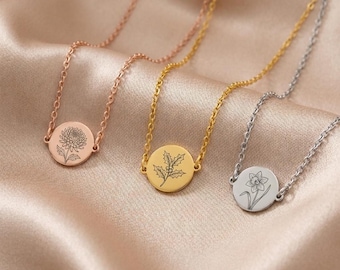 Personalized Engraved Disc Necklace: Custom Name, Birth Flower Charm (Stainless Steel)
