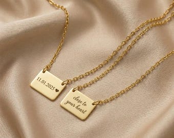 Custom Square Name Necklace, Engraved Date Pendant, Personalized Gift