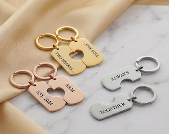 Personalized Split Heart Couple Keychain, Stainless Steel Matching Keychains
