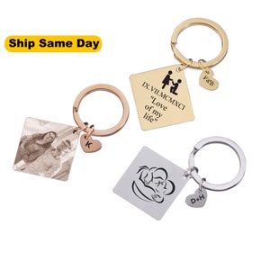 Engraved Couple Keychain with Photo and heart charm, Stainless Steel Keychain, Custom Photo Keychain Valentine&#39;s Day Gift For Her, Him