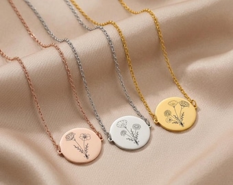 Personalized Birth Flower Necklace – Custom Engraved Floral Bouquet Pendant