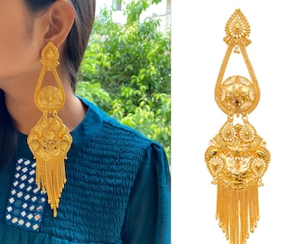 Thai Gold Wedding Earrings, Gold Plated Chandelier, Large Gold Mexican Earrings, big earrings Indian, Chandbali Earrings |