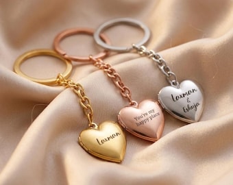 Personalized Heart Locket Keychain, Custom Engraved Photo Keepsake Gift