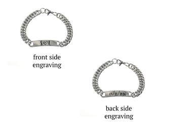 May include: A silver chain bracelet with a rectangular tag engraved with "S♥L" on the front and "03/11/2016" on the back.