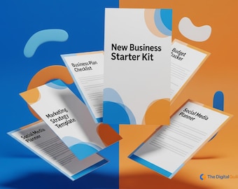 May include: A promotional image for a business starter kit. The kit includes a booklet titled "New Business Starter Kit" and several documents: a business plan checklist, a marketing strategy template, a budget tracker, and a social media planner. The background is split between blue and orange.