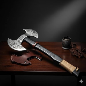 May include: A double-bladed axe with a black handle and silver blades, featuring intricate Celtic knot designs. The axe rests on a wooden surface, accompanied by a brown leather sheath. The handle is wrapped with rope.