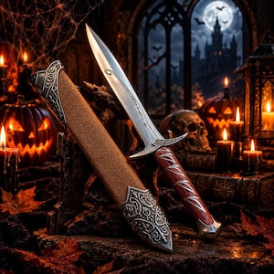 May include: A silver dagger with a pointed blade featuring an etched swirl design, a wooden handle with silver accents, and a matching brown textured scabbard with ornate silver metal caps at the top and bottom ends of the sheath.