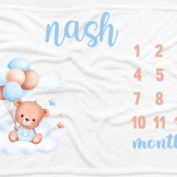 boy bear baby milestone blanket, baby boy name blanket, custom milestone blanket, bear balloon blanket, personalized baby milestone blanket