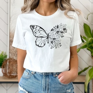 floral butterfly shirt, butterfly lover gift, flower shirt, nature lover tee, botanical shirt, animal lover gift for her, cottagecore shirt