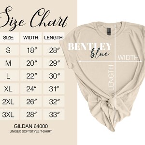May include: Size chart for a unisex t-shirt, showing measurements in inches for sizes S, M, L, XL, 2XL, and 3XL. The chart is labeled "Gildan 64000 Unisex Softstyle T-Shirt".