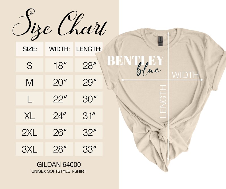 May include: Size chart for a unisex t-shirt, showing measurements in inches for sizes S, M, L, XL, 2XL, and 3XL. The chart is labeled "Gildan 64000 Unisex Softstyle T-Shirt".