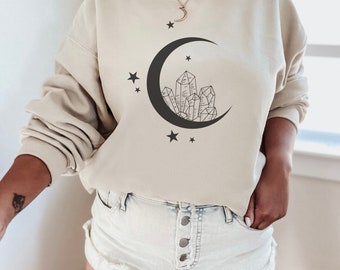 crystal crewneck, moon crystal sweatshirt, astrology crewneck, zodiac sweatshirt, moon and stars sweatshirt, crystal lover gift, moon gifts