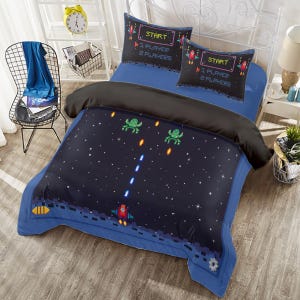 Retro beddengoedset voor gamers | Pixelated Space Invaders, thema voor 1-2 spelers