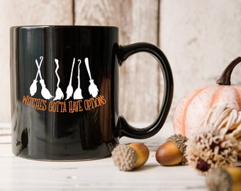 Black Halloween Witch Coffee Mug | Witches Gotta Have Options Broom Mug