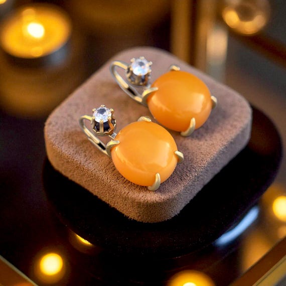 Superbe Boucles d'Oreilles Dormeuses Vermeil Sterling Argent Massive 925 Rond Serti de CZ Ambre Jaune Véritable Belle Epoque Style Inspiré