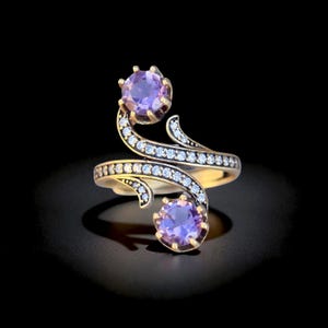 Réglable Bague Vermeil Sterling Argent Massive 925 Floral Une branche d&#39;arbre Serti de CZ Améthyste Violet Vintage Art nouveau Style Inspiré