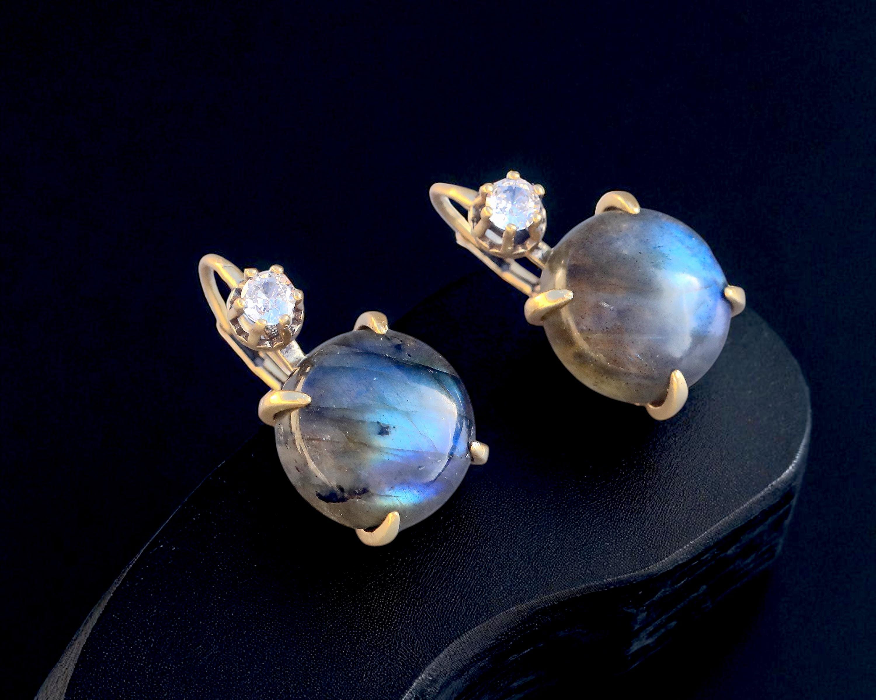 Boucles D'oreilles Dormeuses Vintage Style Art Déco - Bleu, Doré, Ancien, Occasion - Bijou Rétro Sans Marque