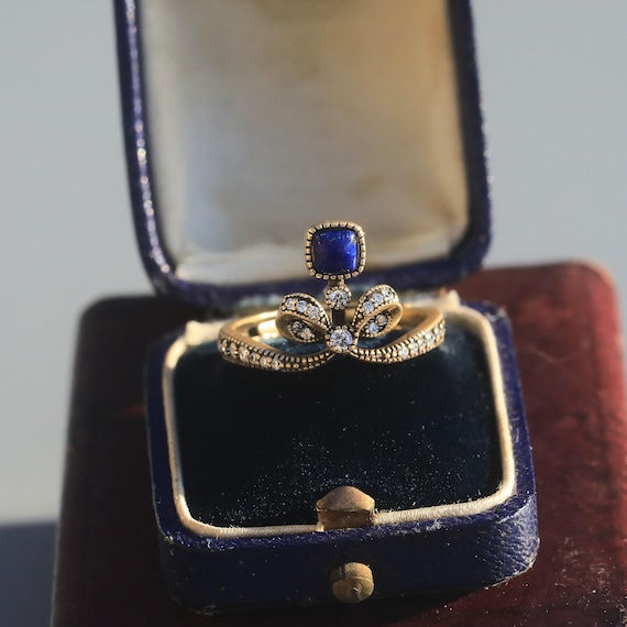 Réglable Bague Vermeil Sterling Argent Massive 925 Nœud Papillon Serti de CZ Blanc Lapis Lazuli Bleu Véritable Art nouveau Style Inspirée