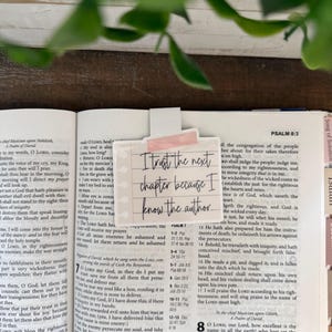 May include: A rectangular bookmark with a light pink adhesive strip at the top, featuring the black printed text 'I trust the next chapter because I know the author' on a white background with a lined paper design, placed inside an open book.