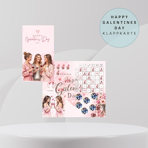 May include: A set of Galentine's Day cards and a game board. The cards feature illustrations of women toasting with wine, with text that reads "Happy Galentine's Day." The game board includes dice and cupcake illustrations.