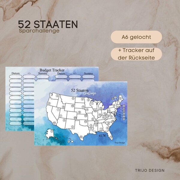 52 Staaten Sparchallenge für Budgetbinder A6