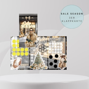 May include: A collage featuring a woman in sunglasses and a tan coat, holding shopping bags in front of a store with a "Sale Season" sign. The image includes a Christmas tree, gift boxes, and text that reads "Sale Season 3er Klappkarte".