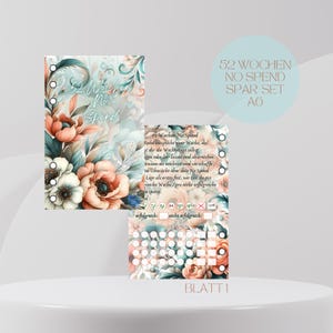 Könnte beinhalten: Ein floral gestaltetes Planerset mit dem Text "52 Wochen No Spend Spar Set A6". Das Set enthält ein Cover und Innenseiten mit floralen Designs in Pfirsich-, Weiß- und Türkistönen. Der Planer ist für die Finanzplanung konzipiert.
