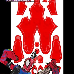 Puede incluir: Un patrón de traje de Spider-Man rojo y azul con el texto "SPIDER-MAN ACROSS THE SPIDER-VERSE" en la parte superior. Un personaje de Spider-Man que lleva un traje rojo, azul y negro está tocando la guitarra.