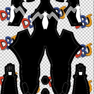Pode incluir: Padrão de fantasia preto e branco para um super-herói com um design de aranha. O padrão inclui peças para a cabeça, o torso, as pernas, os braços e as mãos.