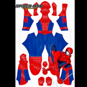 May include: A red and blue Spider-Man costume pattern with the text "SPIDER-MAN THE NEW ANIMATED SERIES". The pattern includes the head, torso, arms, legs, and hands. There is also a small image of Spider-Man in a crouching pose.
