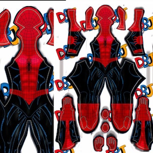 May include: A red and black Spider-Man costume pattern, featuring a spider web design on the red areas. The costume includes a full body suit, gloves, and other components. The letters "DBJ" are visible in the background.
