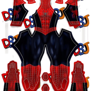 May include: A costume pattern featuring a red and black Spider-Man suit design. The suit includes a red webbed pattern on the chest, legs, and arms, with a black torso and blue accents. The image also includes separate pieces for gloves and other costume elements.
