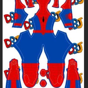 Pode incluir: Um padrão imprimível para um traje de super-herói vermelho e azul. O padrão inclui peças para a cabeça, o torso, as pernas, os braços e as mãos.