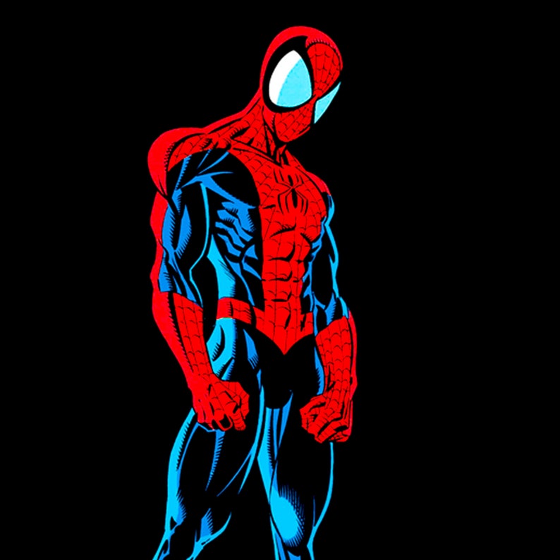 Pode incluir: Uma ilustra&ccedil;&atilde;o do Homem-Aranha, um super-her&oacute;i, em uma pose cl&aacute;ssica. Ele est&aacute; vestindo um traje vermelho e azul. O fundo &eacute; preto.