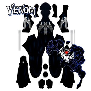 Pode incluir: Um padr&atilde;o de fantasia Venom preto e branco com uma ilustra&ccedil;&atilde;o preto e branco de Venom em uma pose de corrida. O padr&atilde;o inclui pe&ccedil;as para a cabe&ccedil;a, o torso, os bra&ccedil;os, as pernas e as m&atilde;os.