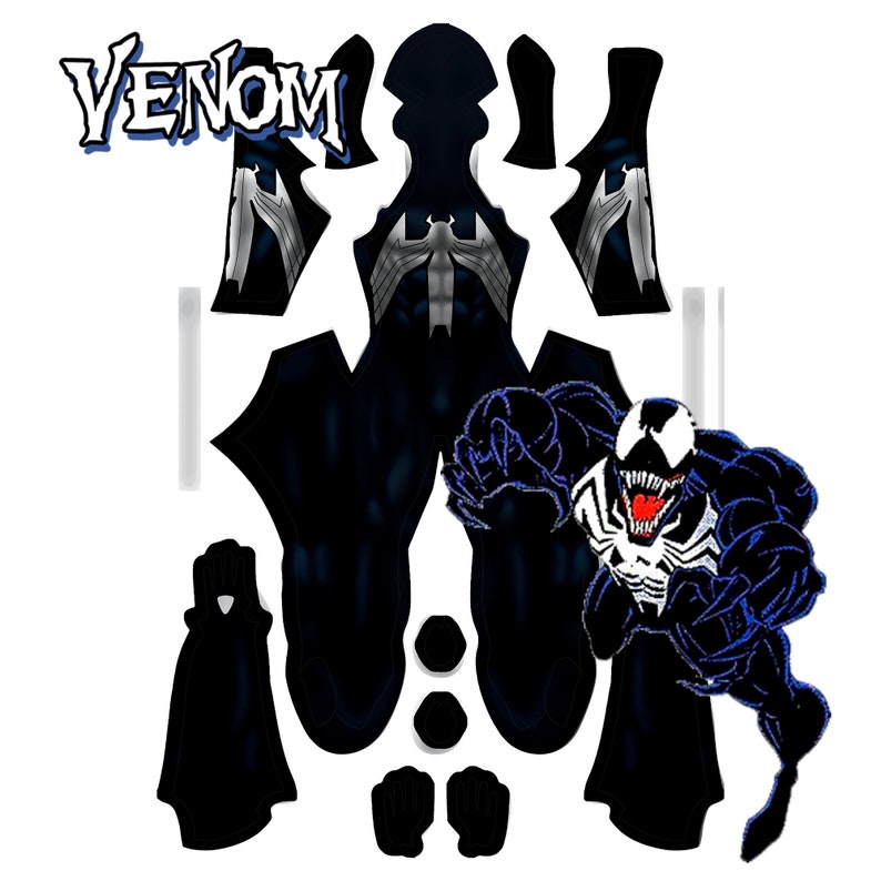 Pode incluir: Um padr&atilde;o de fantasia Venom preto e branco com uma ilustra&ccedil;&atilde;o preto e branco de Venom em uma pose de corrida. O padr&atilde;o inclui pe&ccedil;as para a cabe&ccedil;a, o torso, os bra&ccedil;os, as pernas e as m&atilde;os.