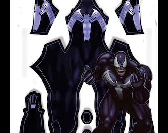 May include: A comic book illustration featuring Spider-Man and Venom. The Spider-Man logo is at the top. Venom is depicted in a dynamic pose, with a white spider emblem on his chest. Various costume pieces are also shown.