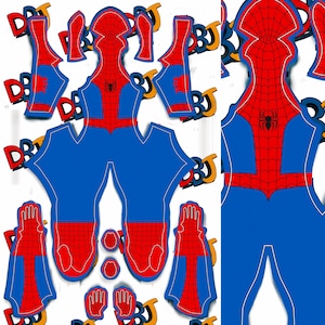 May include: A blue and red Spider-Man costume pattern, featuring the iconic web design on the mask and chest. The costume is cut into various pieces, ready for assembly. The design includes gloves, boots, and other components.