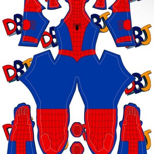 May include: A printable pattern for a red and blue Spiderman costume. The pattern includes pieces for the torso, legs, arms, and hands.