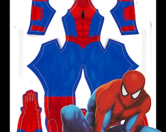 May include: A red and blue Spider-Man costume pattern with a red and blue Spider-Man illustration. The pattern includes pieces for the torso, legs, arms, and head.