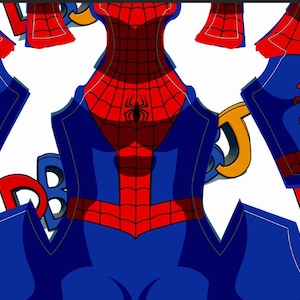 May include: A blue and red superhero costume with a spider logo on the chest. The costume is made of a stretchy fabric and has a web pattern on the chest and legs.