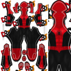 May include: A Spider-Man costume pattern, with red and black panels. The design includes the iconic spiderweb pattern on the chest and mask, with a black spider emblem. The costume is designed to be sewn.