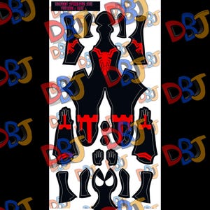 May include: A digital sewing pattern for a suit featuring black fabric panels with red spider-web accents and a central spider emblem. The layout includes various garment pieces, including sleeves, torso, and mask sections, labelled Uncanny Spider-Man Suit Pattern (Flat).