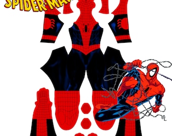 Può includere: Un modello di costume Spiderman rosso e blu su sfondo nero. Il modello comprende la testa, il busto, le braccia, le gambe e le mani. Il modello è per un costume Spiderman.