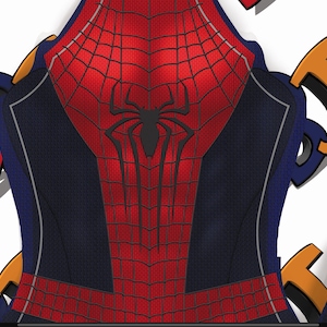 May include: A detailed illustration of a superhero costume, featuring a red and black colour scheme. The design includes a spiderweb pattern on the chest and a black spider emblem. The letters "D" and "T" are also visible.